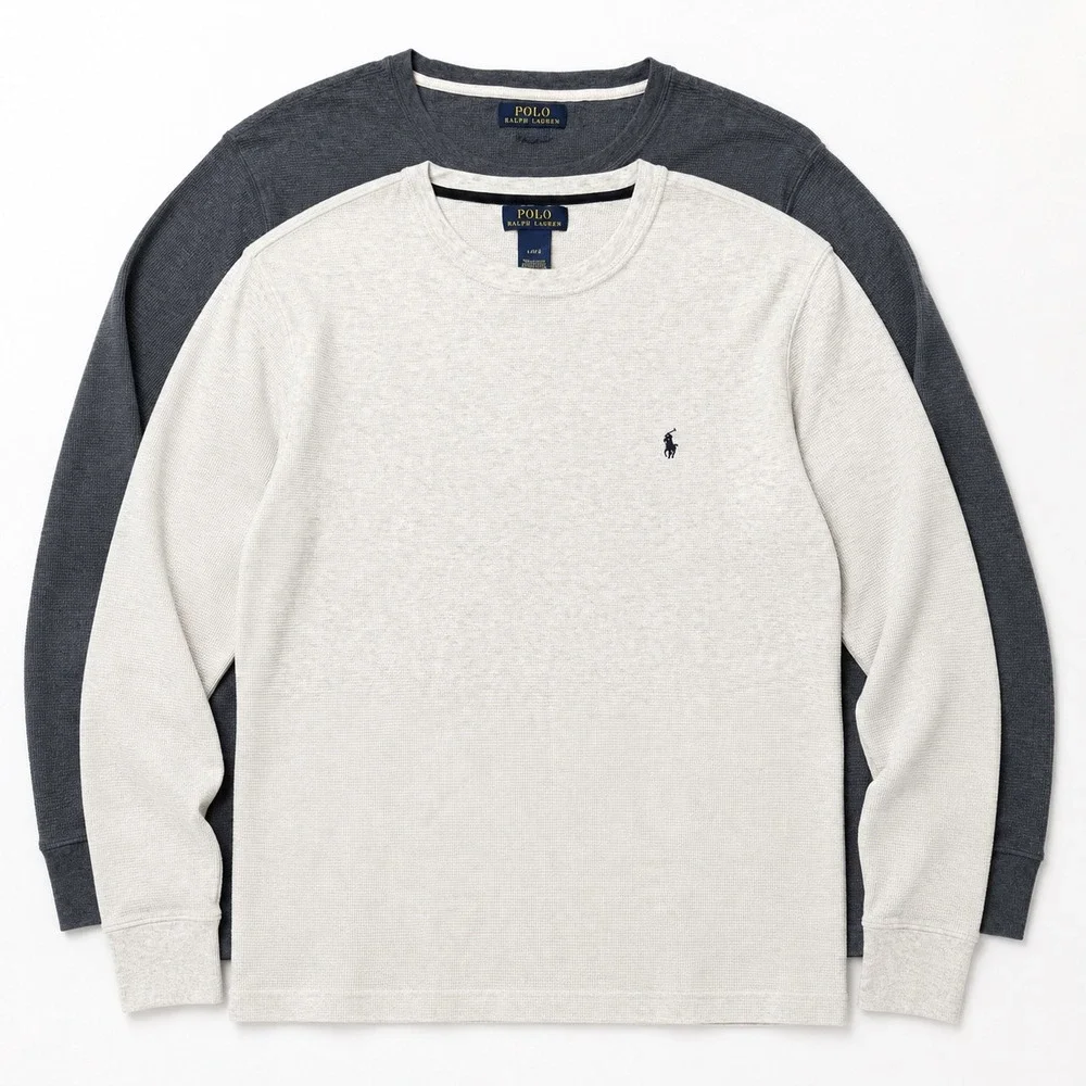 LOT of 2 Polo Ralph Lauren Waffle Knit Thermal Shirt Men L Crew Neck *read